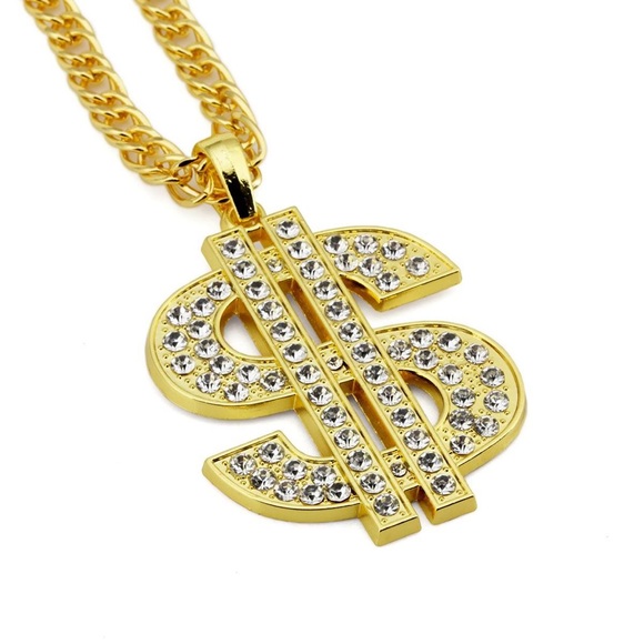 Zara $ Money Gold + Clear Crystals Link Chain Necklace Hip Hop - Picture 11 of 16